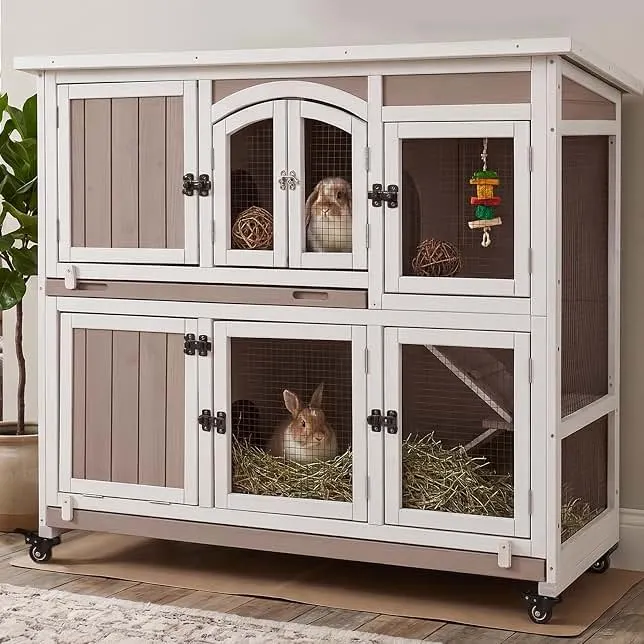 Gowoodhut 47"L Rabbit Hutch Indoor Wooden 2 Story Rabbit Large Bunny Hutch Outdoor Bunny Cage on 4 Metal Wheels and 2 Deeper Pull Ou…