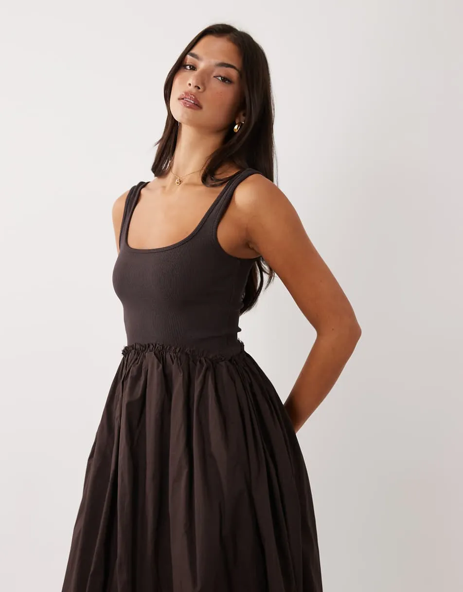 ASOS DESIGN scoop ribbed bodice with poplin skirt midi dress in chocolate