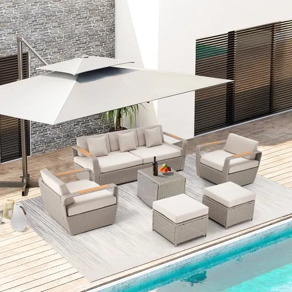 Homrest 6-Piece Rattan Outdoor Sectional Sofa Set with Coffee Table and Ottoman, Light Gray $539.99 Was $689.99