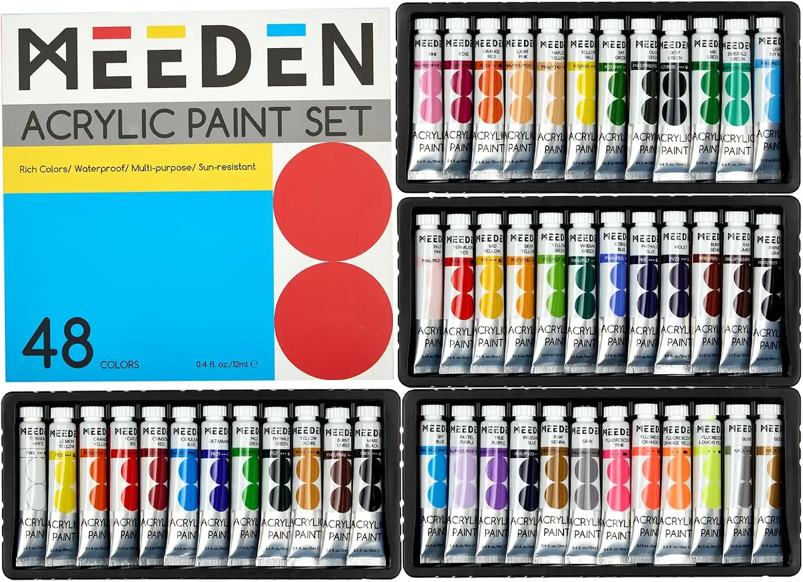 MEEDEN Beginners Acrylic Paint Set: 48 Colors 12ml/0.41 fl oz Heavy Body Starter Set - Non-toxic Rich Pigments Art Paint for Adults Hobbists Painting on Canvas Wood Fabric Craft