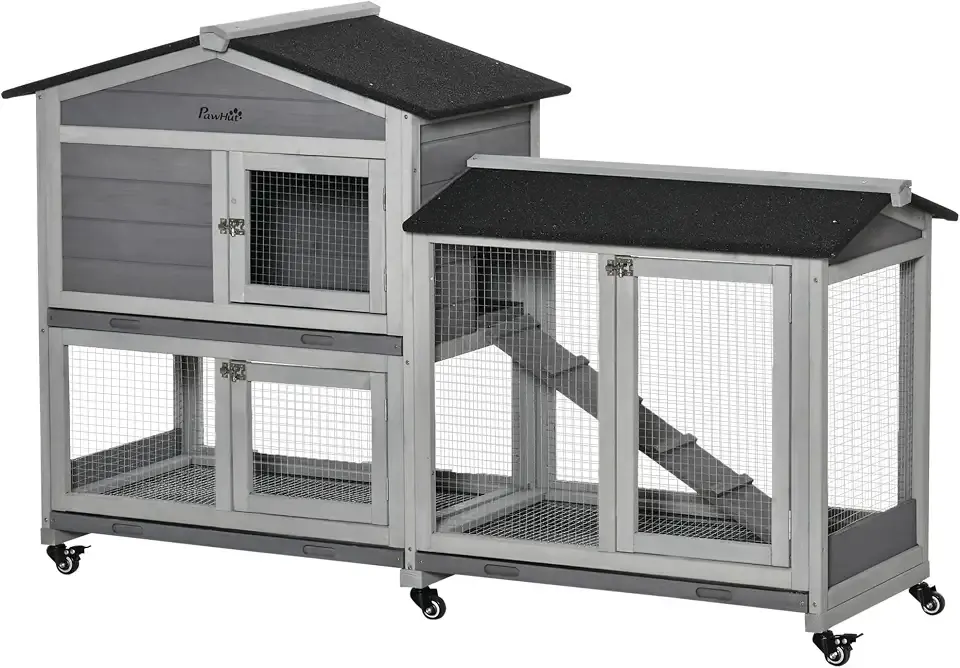 PawHut 62" Rabbit Hutch with Wheels for Rabbits, Chickens, Ducks, Gray