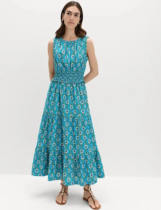 Tailliertes Midikleid aus reiner Baumwolle mit Blumenmuster