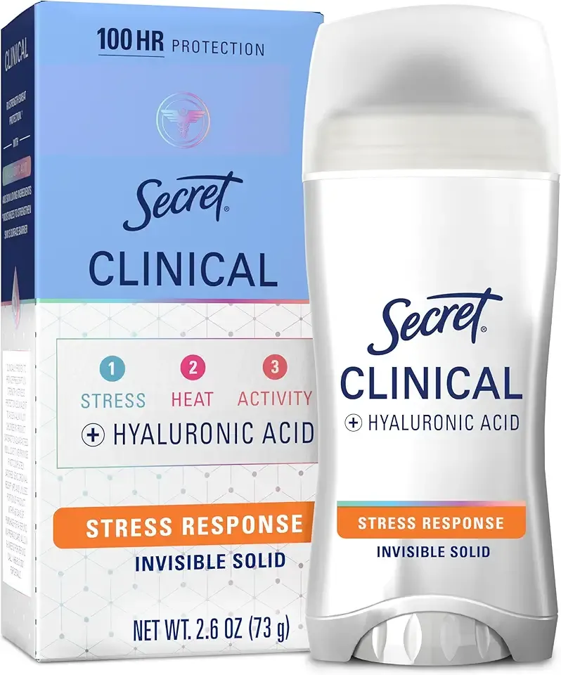Secret Clinical Strength Antiperspirant Deodorant for Women, Stress Response, 100hr Sweat & Odor Protection, 3X Stress Protection with Hyaluronic Acid, PH Balancing Minerals, Invisible Solid, 2.6 oz