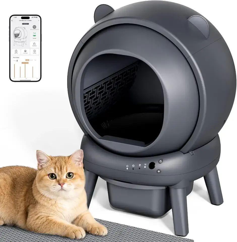 Self Cleaning Litter Box, Dual Safety Sensors, App Control, Gray | Automatic Cat Litter Box for Multiple Cats, Noise & Odor Control, Easy Maintenance with 2 Rolls of Garbage Bags, Includes Mat