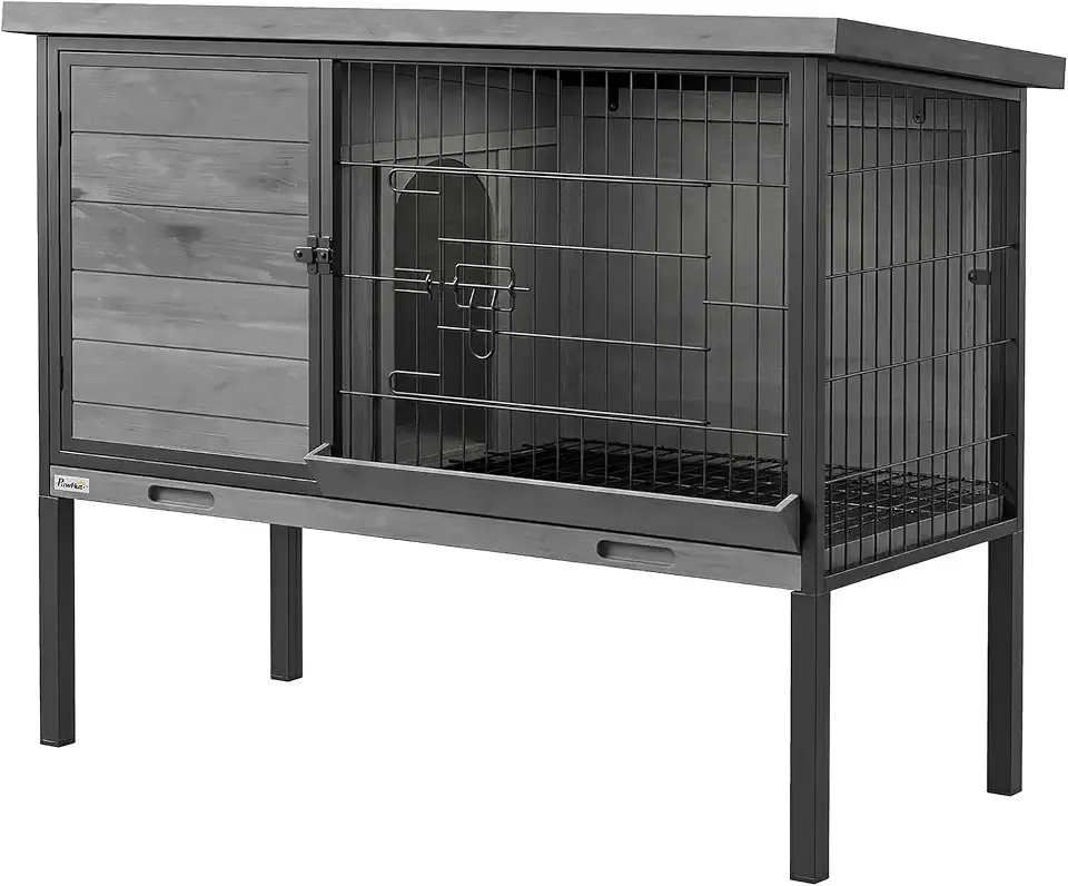 PawHut Elevated Rabbit Hutch with Pull-Out Tray, Plastic Roof, Light Gray | Wooden Bunny House Rabbit Cage, for Outdoor Indoor Use, Openable