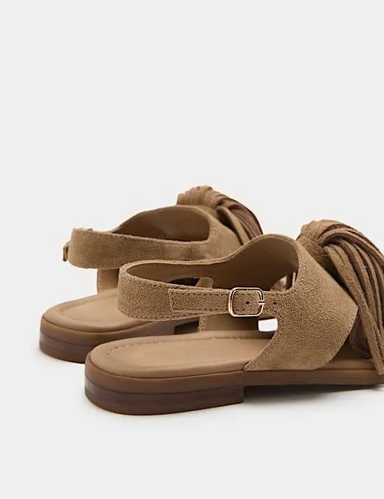 Suede Fringed Block Heel Sandals