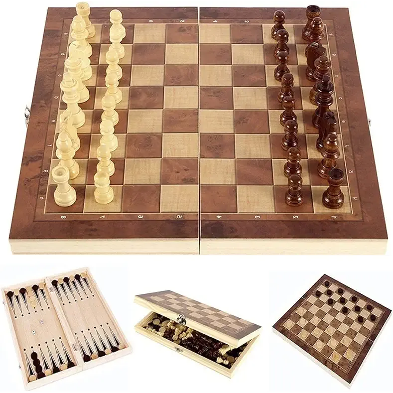 Chess Set, 3 in 1 Wooden Chess Board Game in Chess, Backgammon, Checkers