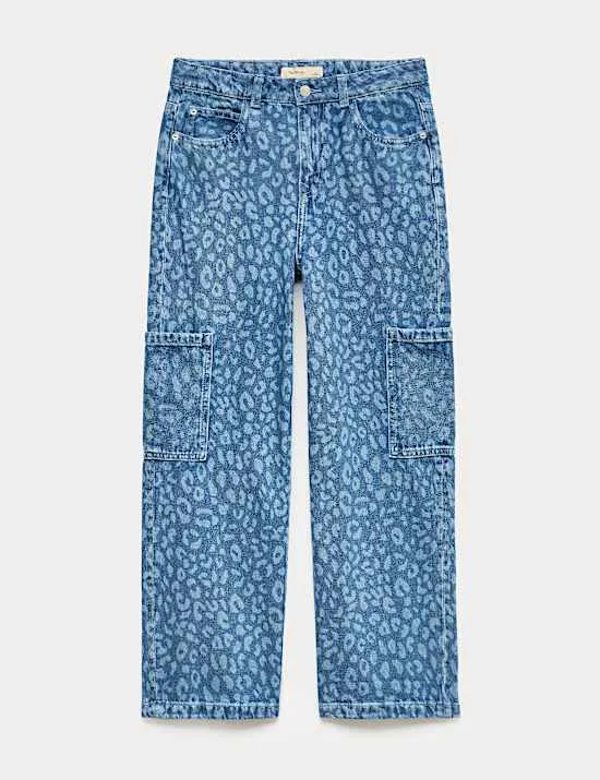 Denim Leopard Print Wide Leg Cargo Jeans (6-16 Yrs)