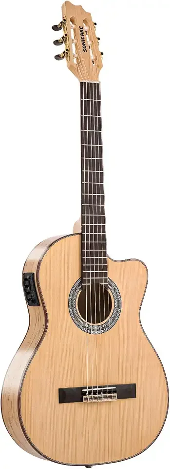 SONICAKE 39" Acoustic Electric Crossover Guitar, Nylon String, Natural | Solid spruce top cutaway classical guitarra, Built-in tuner, pickup & amp, Ideal for beginners, practice and performance
