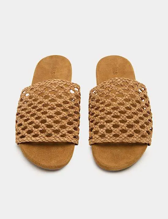 Flache, zehenfreie gewebte Pantoffeln aus Leder
