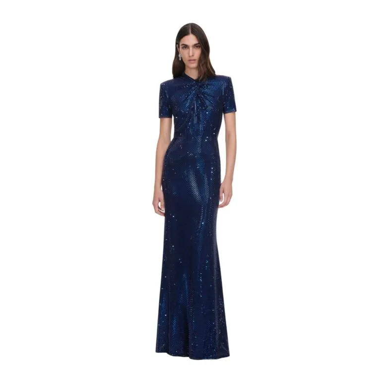 Rhinestone Mesh Twist Maxi Dress - Marine