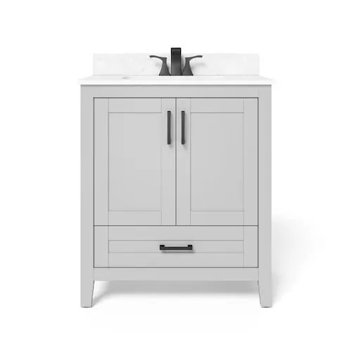 Home Decorators Collection Ellia 30-inch W x 20-inch D 2-Door & 1-Drawer Grey Wood Bathroom Vanity Single Undermount Sink with Engineered Carrera White Stone Top