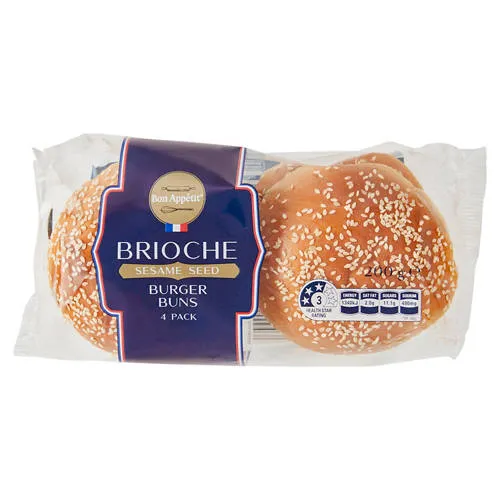 Sliced Brioche Burger Buns with Sesame Seeds 4 Pack 200g