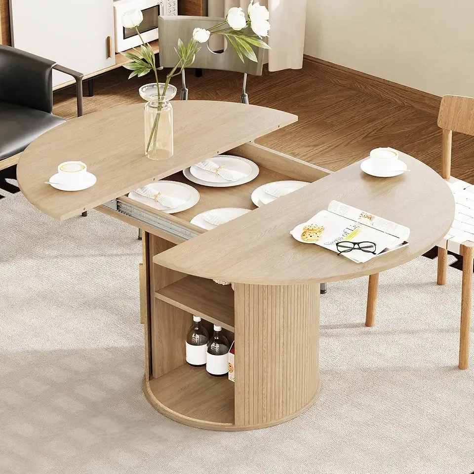 weselon 43"-59" Extendable Round to Oval Dining Table with Hidden Storage, Modern Wooden Kitchen Table with Fluted Sliding Door Cabinet, Expandable Dinner Table for Dining Room Living Room (Natural)