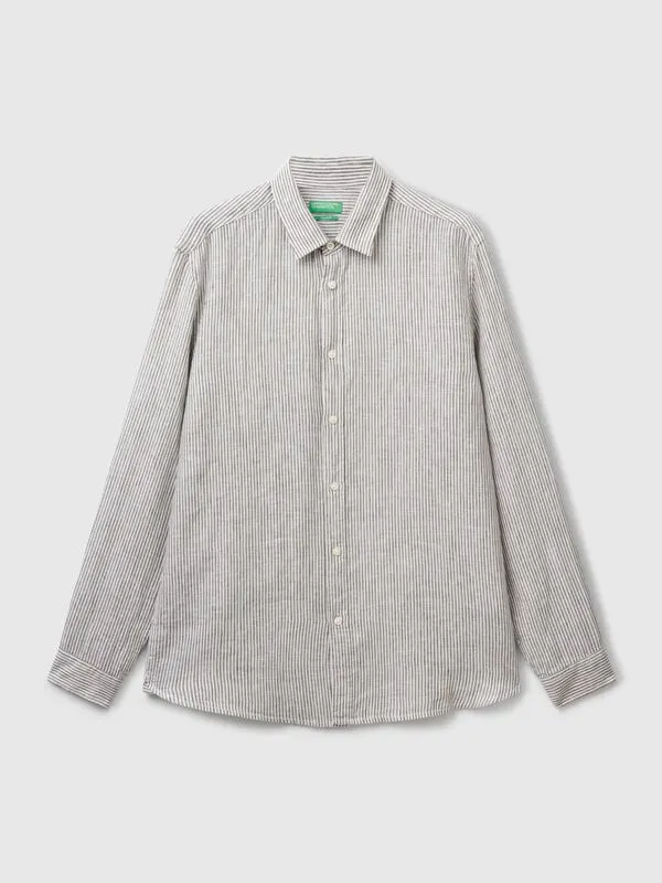 Green and white striped shirt in pure linen