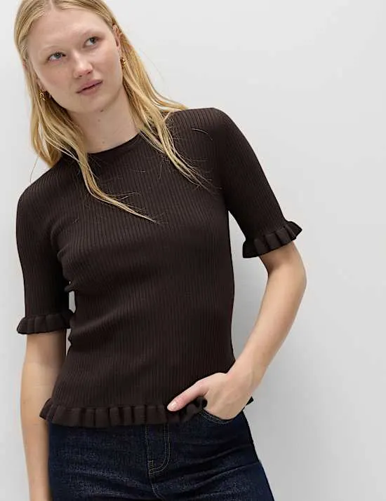 Ribbed Frill Detail Knitted Top