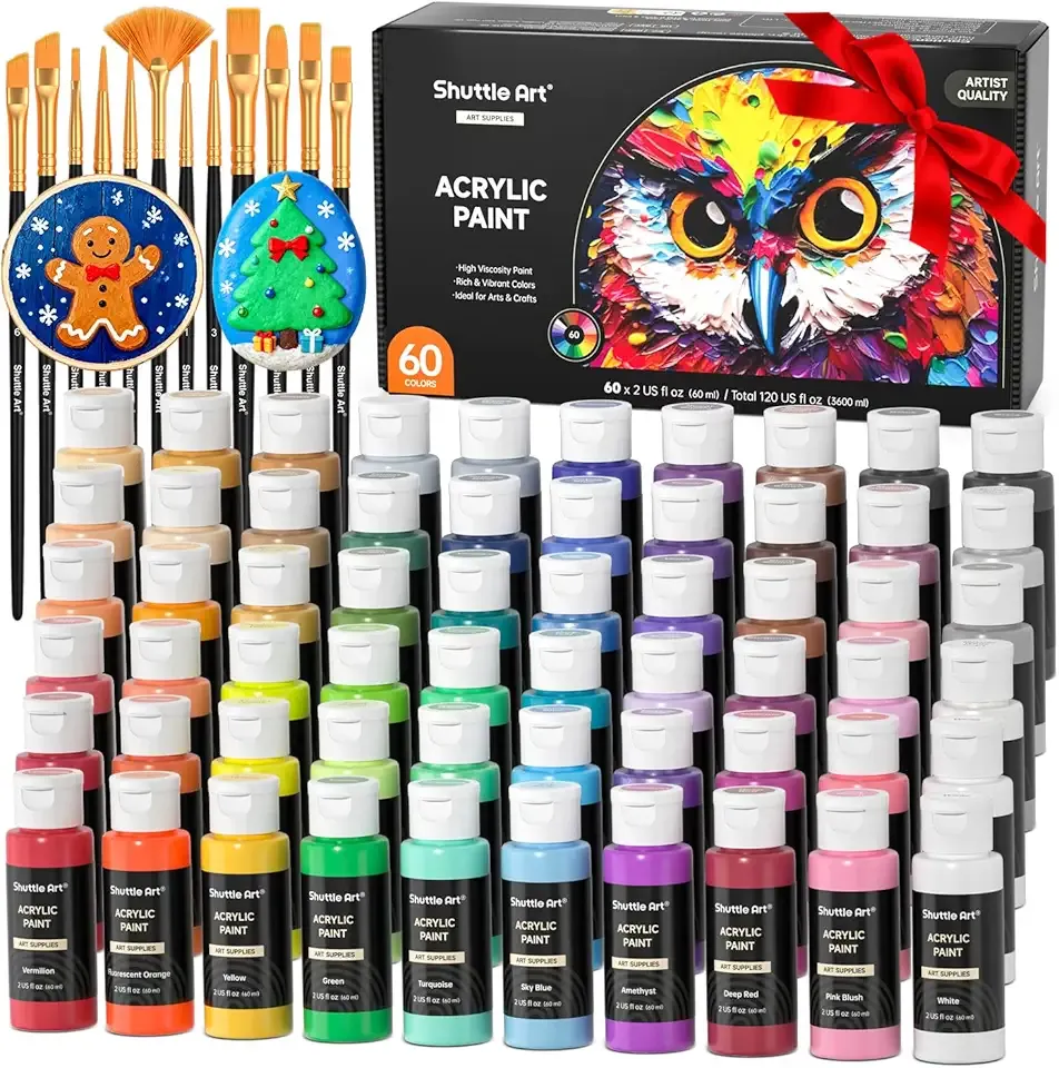 72 Pack Acrylic Paint Set, Shuttle Art 60 Colors Acrylic Paint Including Extra White Black & 12 Brushes, 2oz/60ml, Rich Pigmented, Water Proof, Ideal for Artists, Beginners on Canvas Rock Wood Ceramic