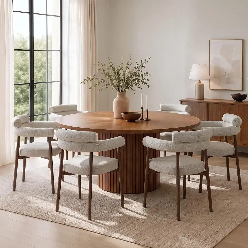 Modern Fabric Dining Chair Set of 2, Curved Arm Upholstered Accent Chairs | Soft polyester fabric, curved armrests, padded seat, and tapered wooden legs create a comfortable modern dining chair set.