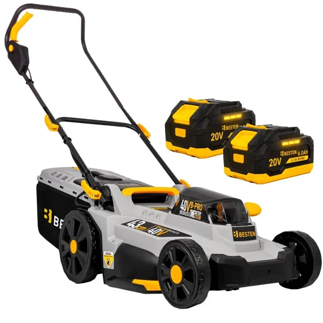 Tagliaerba a batteria BESTEN BE0002918 40V con 2 batterie 6.0Ah incluse, taglio 43 cm, motore brushless, cesto 50L, mulching