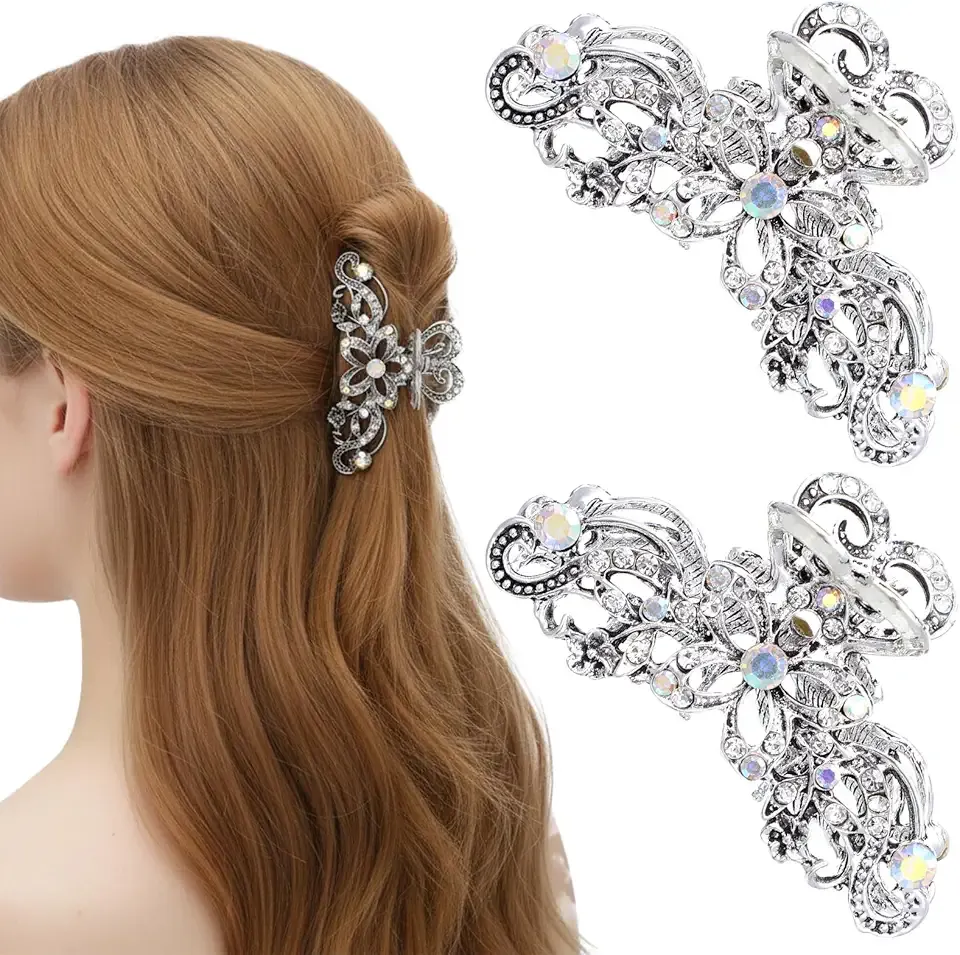Rhinestone Hair Claw Clips, 2 Pcs Baroque Crystal Hair Claws with Nostalgic Style Hollow out Design, Sparkly Diamond Fancy Clips for Women Silver Crystal Bling Claw Clip Glitter Diamond