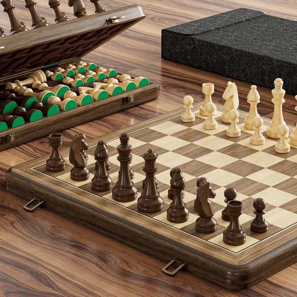 15 Inch Magnetic Wooden Chess Set, Rubberwood Folding Chessboard with Brown Dual-Sided Storage Trays, 2 Extra Queens & Dust-Proof Bag, Portable Travel Board Game(Vintage)