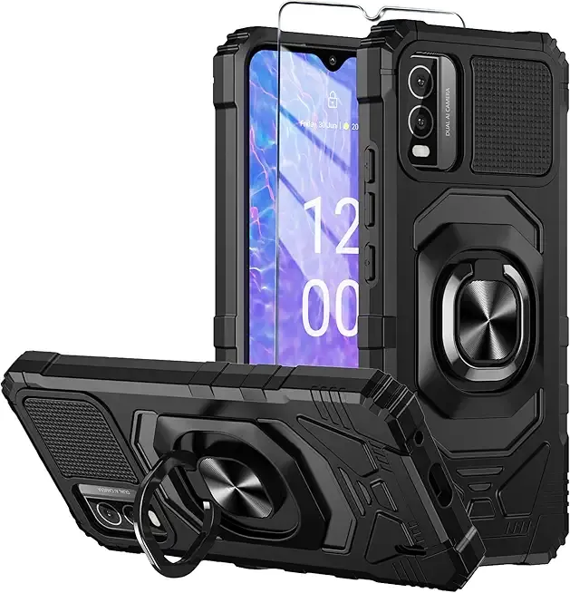 for Nokia C210 Case with Tempered Glass Screen Protector,Military Grade Heavy Duty Shockproof Protective Cover,with Ring Kickstand Full-Body Protective Case for Nokia C210 Purple Black