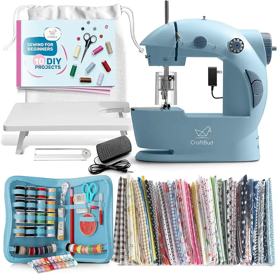 CraftBud Mini Sewing Machine for Beginners, Dual Speed Small Portable Sewing Machine for Kids and Adults with Extension Table, 122 Piece Gift Set Includes, Fabrics, Projects Book, Light and More, Blue