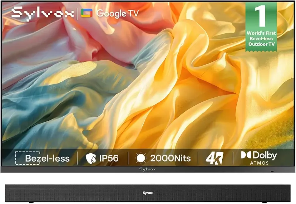 SYLVOX Outdoor TV with Sounbar, 75 inch Full Sun TV 2000 Nits, Ultra-Narrow Bezel, 4K Smart Google Television, IP56 Waterproof, Dual Speakers, for Poolside, Yard, Business (Frameless Pro Series)