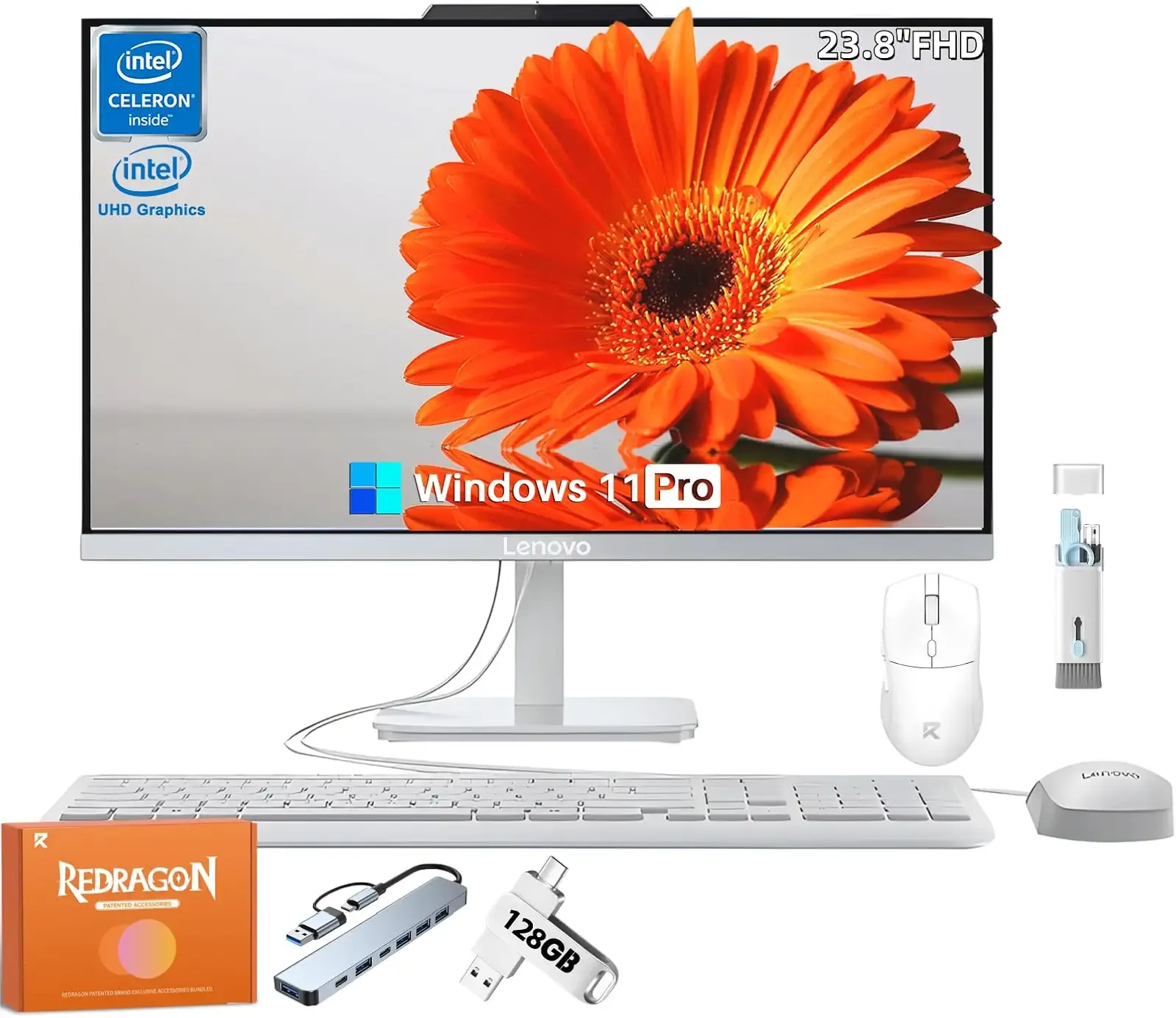 Lenovo A100 All-in-One Desktop Computer for Home Business, 23.8" IPS FHD Display, Intel N100 Processor, 16 GB 3200MHz RAM, 512 GB SSD, Intel UHD Graphics, Webcam, Windows 11 Pro, Wired KB & Mouse