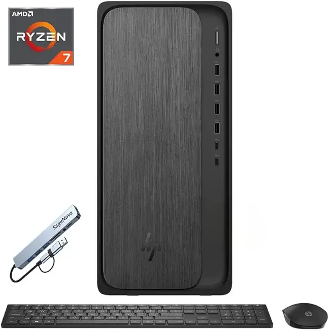 HP OmniDesk Desktop, 8-Core AMD Ryzen 7 8700G Processor, 16GB RAM 1TB SSD, Wireless Keyboard & Mouse, Windows 11 Home, Gray Wood