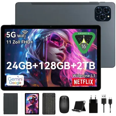 TABWEE T90 Tablet Android 16, 11 Zoll, 24GB (8+16) RAM+128GB ROM(2TB TF), 5G WiFi, mit Stift/Maus/Tastatur, 8000mAh/16MP+8MP/Widevine L1/Gemini AI