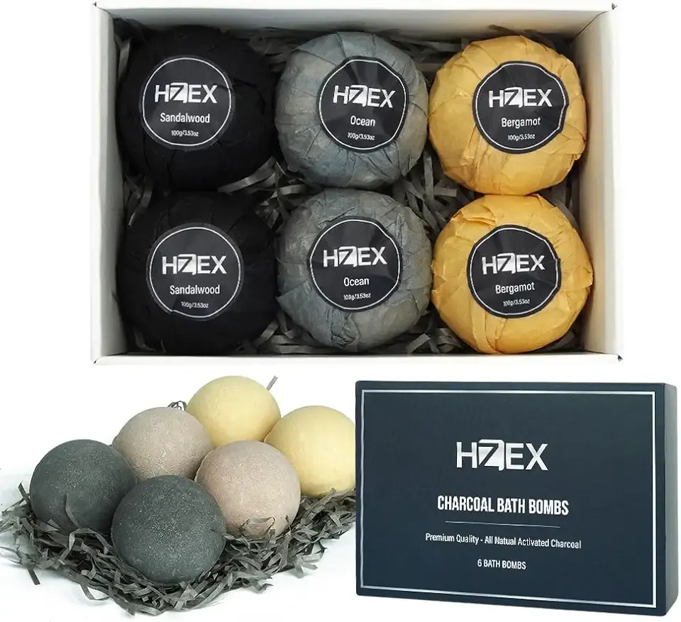Charcoal Activated Bath Bombs for Men (6 Pack) – Detox with Handmade Organic Bath Bomb Set, 3 Scents (Sandalwood, Bergamot, Ocean) | Shea Butter & Essential Oils, Individually Wrapped (Mixed)