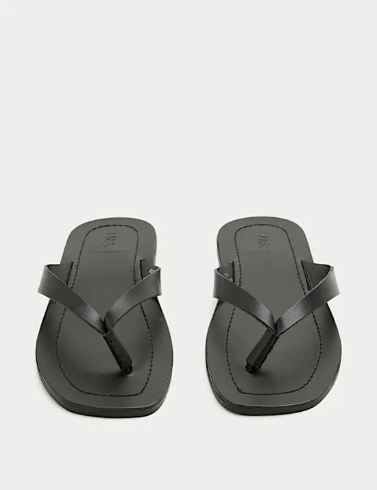 Leather Flat Square Toe Flip Flops
