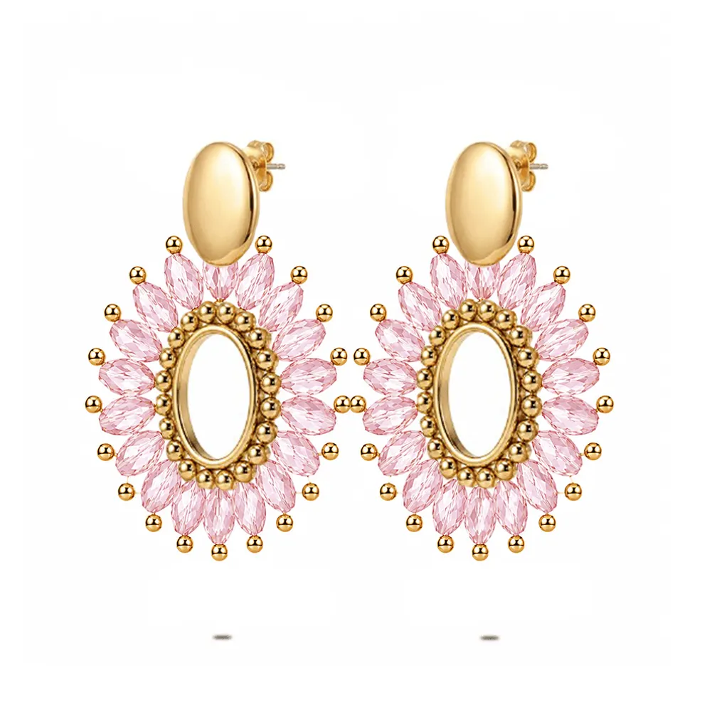 Oorbel in high fashion, ovaal met roze steentjes