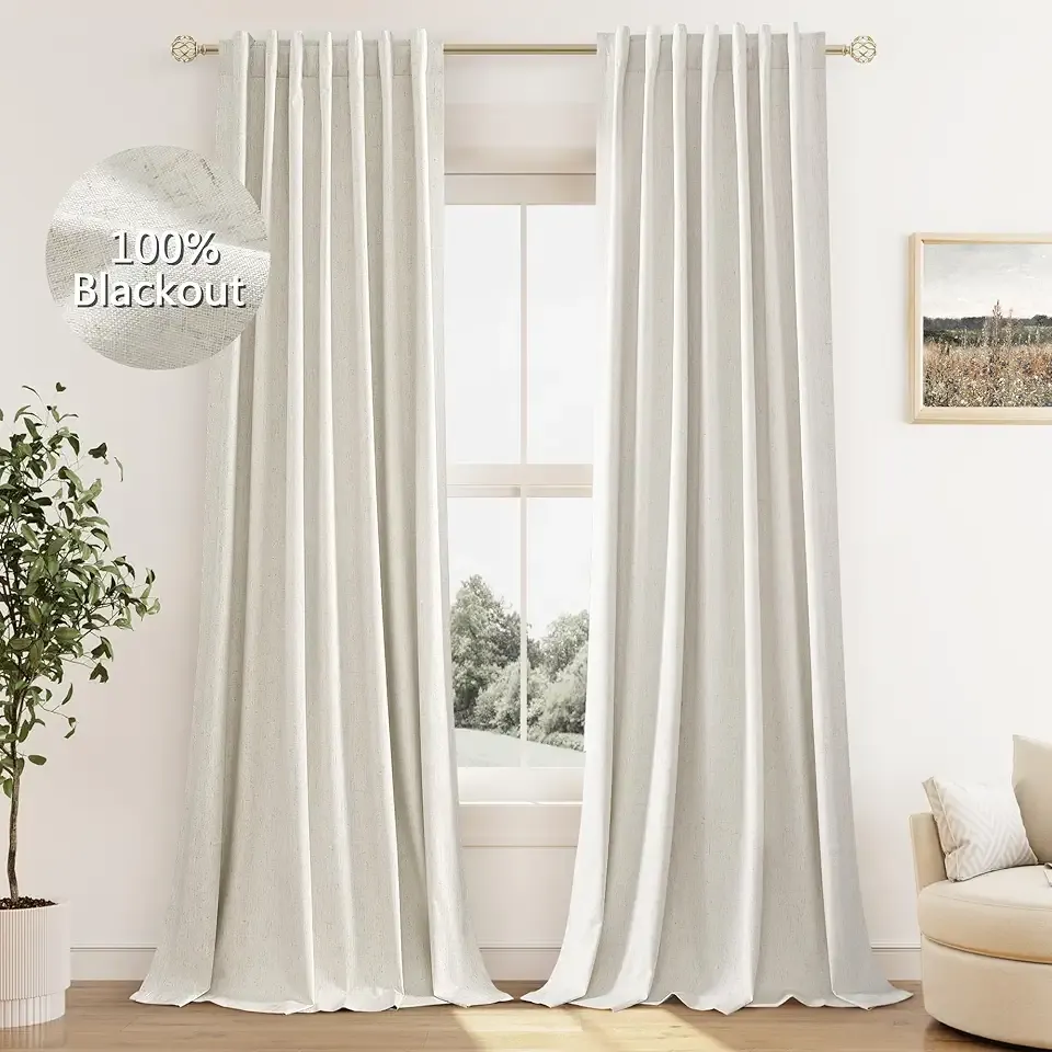 Cream Linen Blackout Curtains 84 Inch Length 2 Panels Set for Living Room Bedroom Back Tab Thermal Insulated 100% Black Out Linen Drapes Room Darkening Window Curtains Ivory Natural