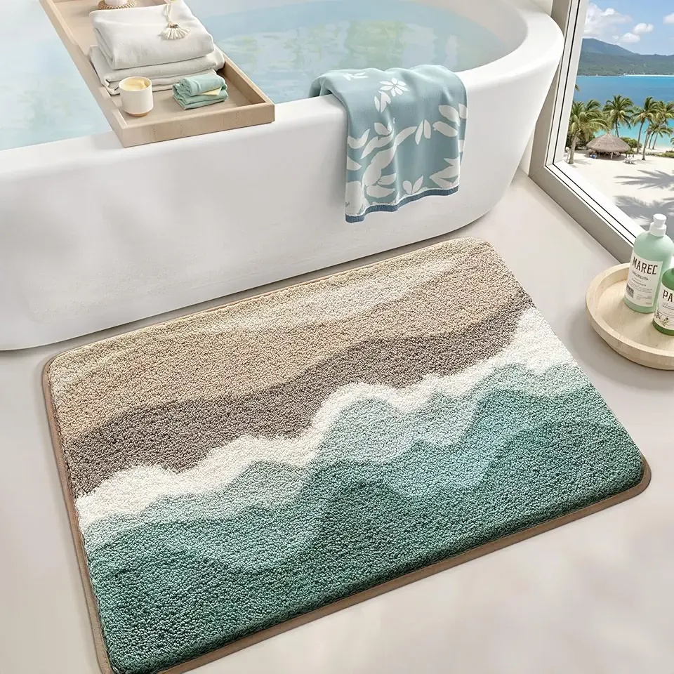LUMI Beach Bathroom Rugs, Non Slip Bath Mat Ultra Soft Washable Absorbent Quick Dry, Ocean Sea Theme Bath Rug with Starfish Shell for Shower Floor, Kitchen Decor, Kids Room, 20"x32"