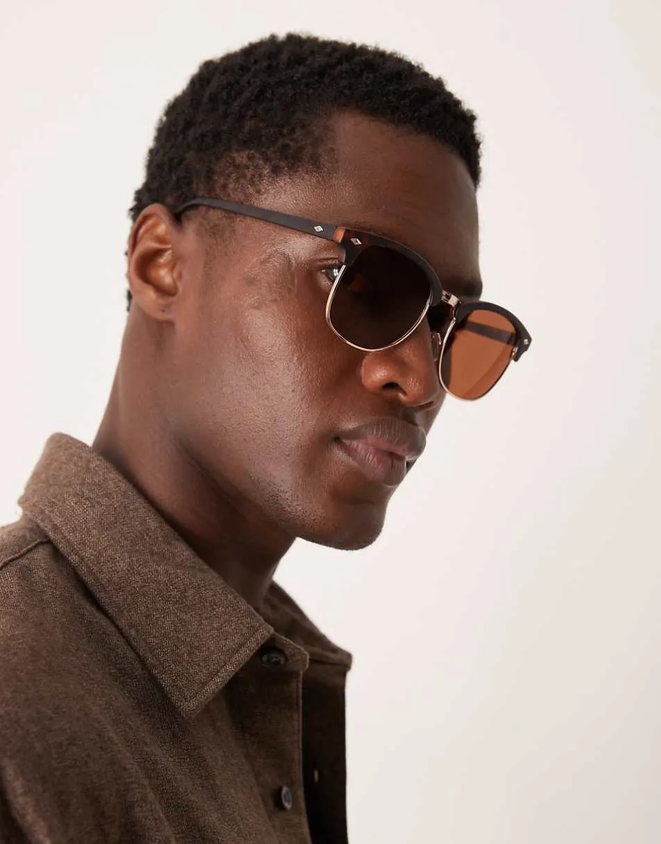 ASOS DESIGN slim metal sunglasses in tortoise shell with brown lens