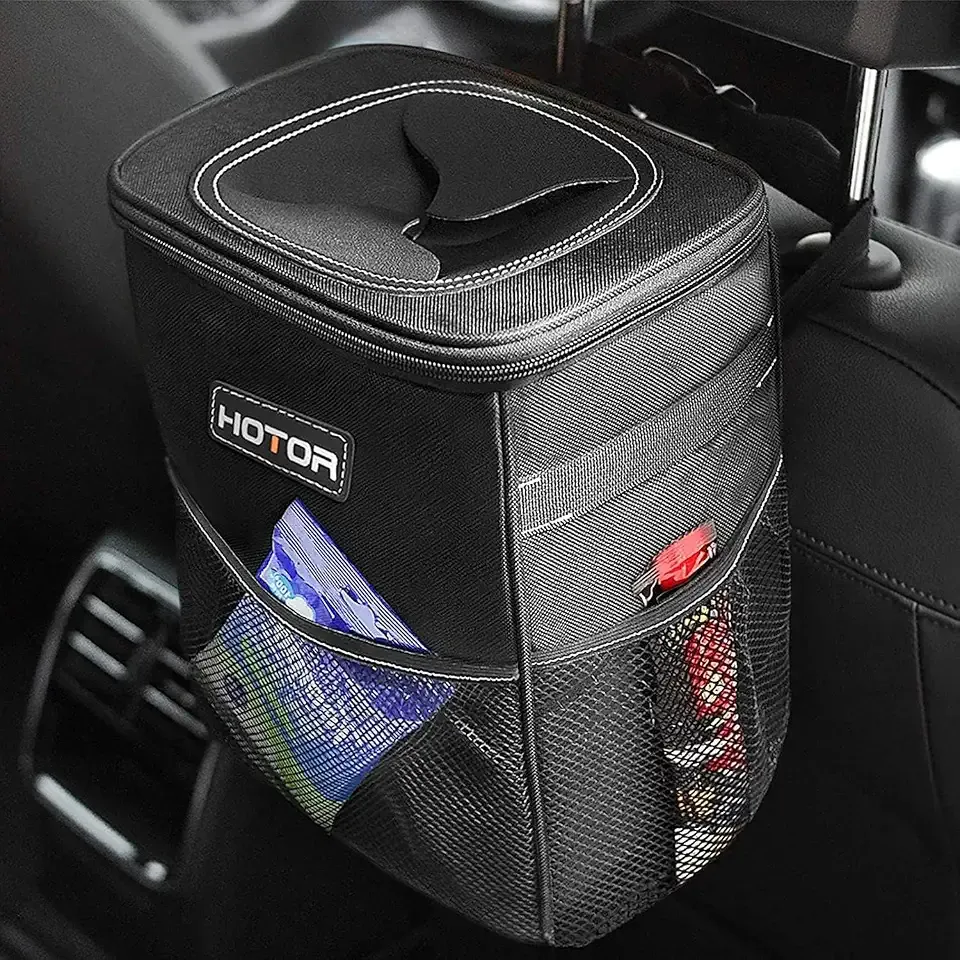 HOTOR Car Trash Can, Compact Waterproof Organizer, Leak-Proof Bin, 2-Gallon | Black, Multifunctional Car Accessory with Adjustable Straps & Magnetic Snaps for Interior Car Storage