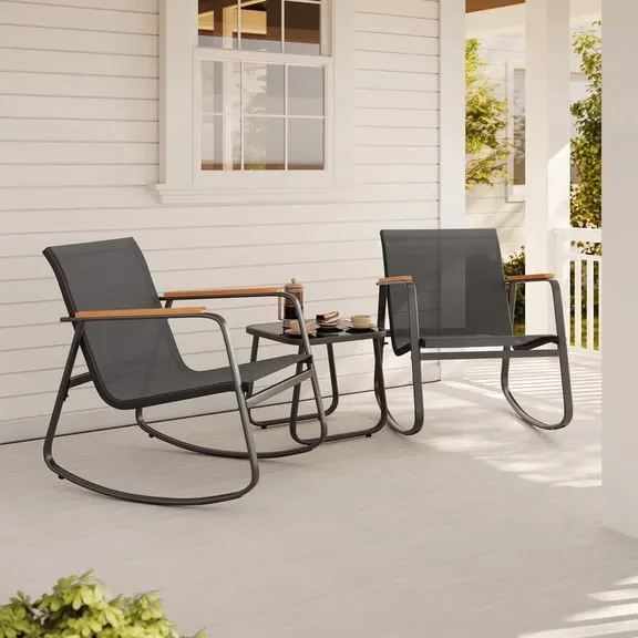 Noelse 3 Piece Outdoor Patio Bistro Set with Rocking Chairs, Weather-Resistant Textilene Conversation Set with Coffee Table for Porch, Balcony, Lawn, Black $59.93 Was $89.99