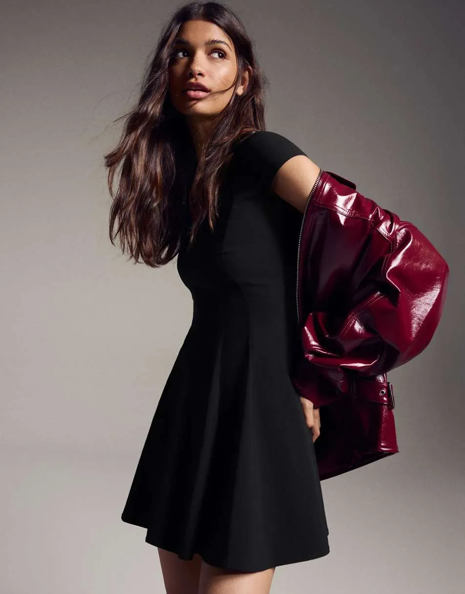 Bershka Bengaline mini dress with flared skirt in black