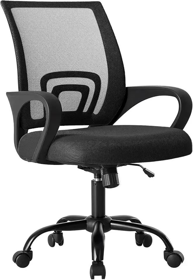OLIXIS Office Desk Chair - Ergonomic Mid Back with Lumbar Support & Rocking Mode, Height Adjustable with Fixed Armrest, Storage Back for Computer, Gaming, Conference, Meeting, 360° Swivel, Black