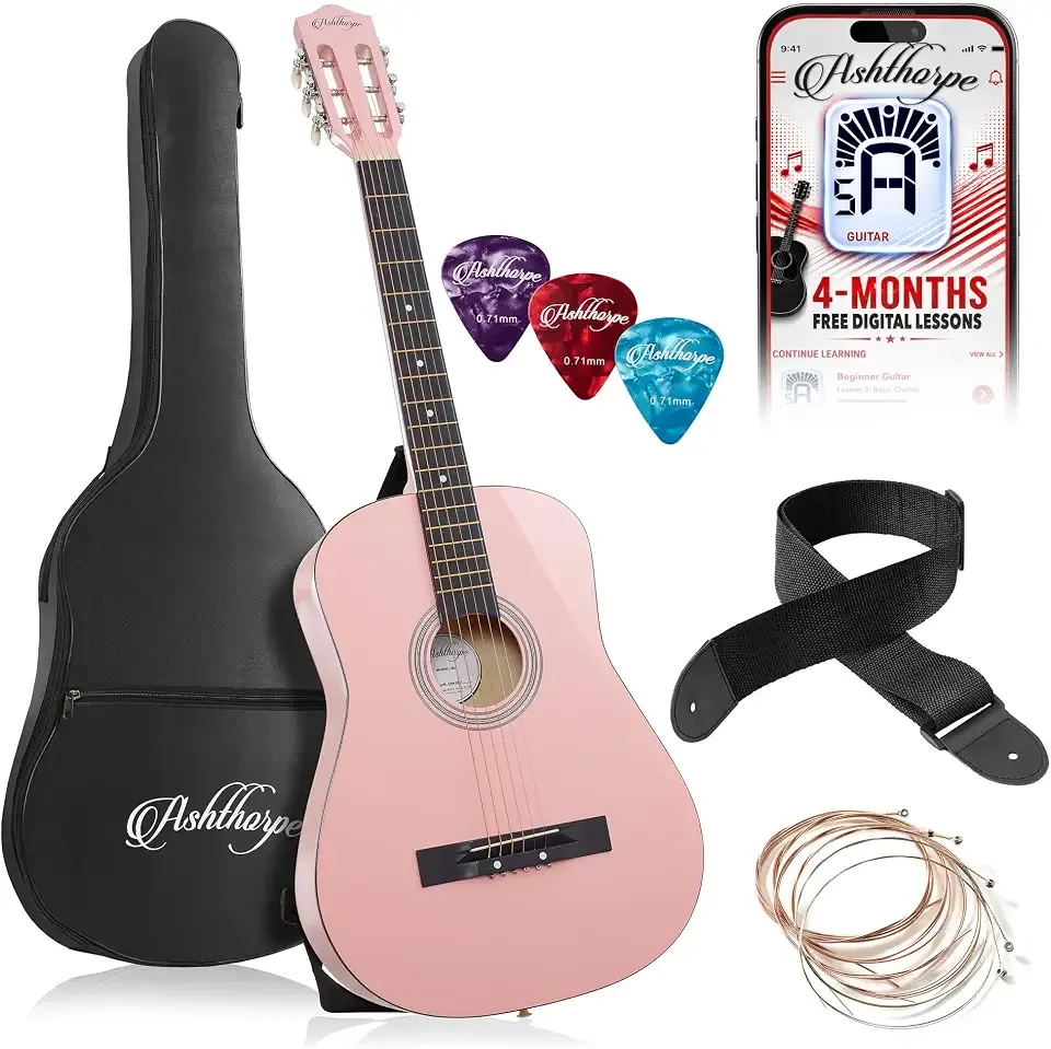 Ashthorpe 38-inch Beginner Acoustic Guitar (Pink), Starter Kit with Gig Bag, Extra Strings, Strap, Picks, and Lessons