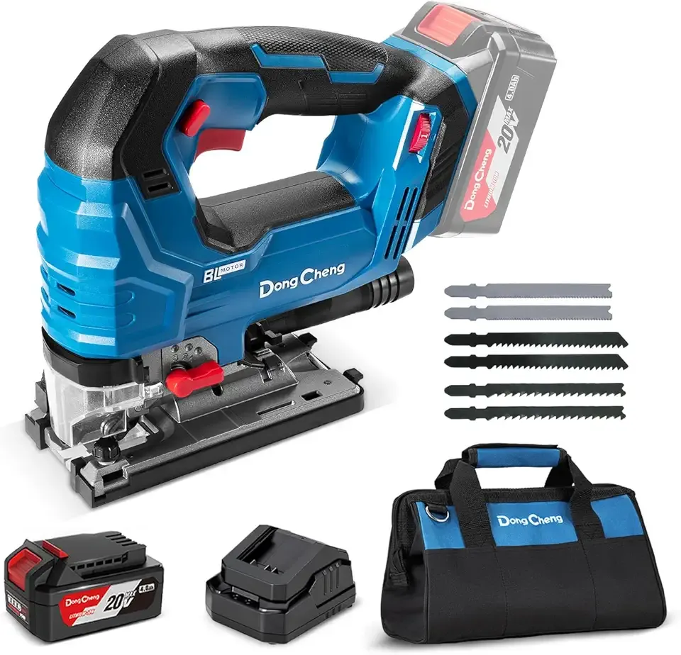 Dong Cheng 20V Brushless Jigsaw, 26mm Stroke, 800-3500 SPM, 0-45° Bevel, 6-Speed, Orbital Action, Dual LED, Dust Blower, with 4Ah Battery, Charger, 6 Blades, Guide Rail & Tool Bag