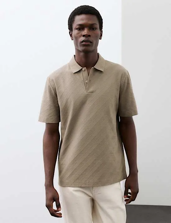Pure Cotton Textured Jacquard Button Polo Shirt