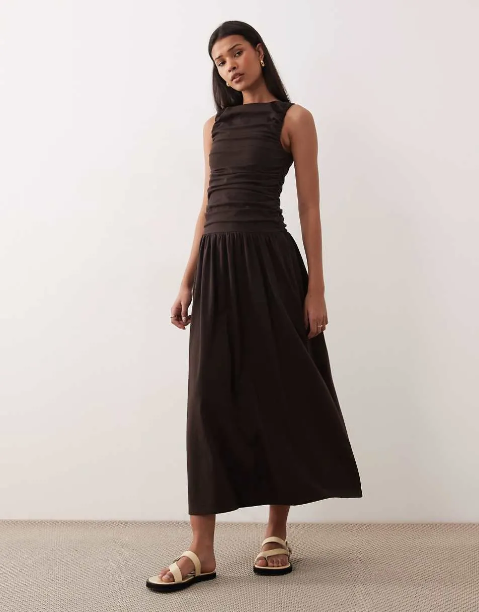 ASOS DESIGN ruched bodice midi dress in chocolate