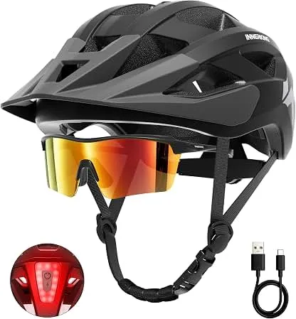 InnerKing Adult Bike Helmet Cycling Sunglasses Set Rear Light for Men Women | 7Color Mountain Bicycle Helmet,USB Rechargeable Rear Light,Safety Certified,UV Protection Glasses,Commuting&Riding,Fit Well InnerKing Adult Bike Helmet Cycling Sung…