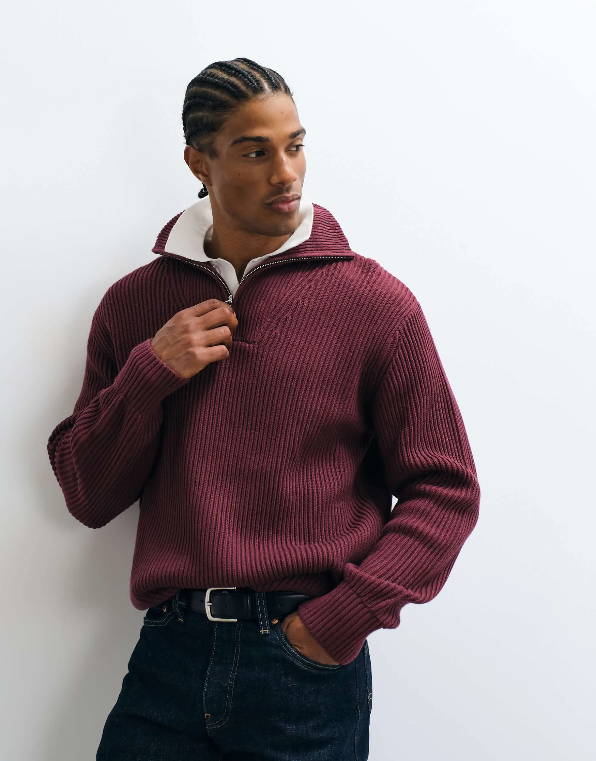 Selected 100% cotton high neck 1/4 zip knitted jumper in burgundy
