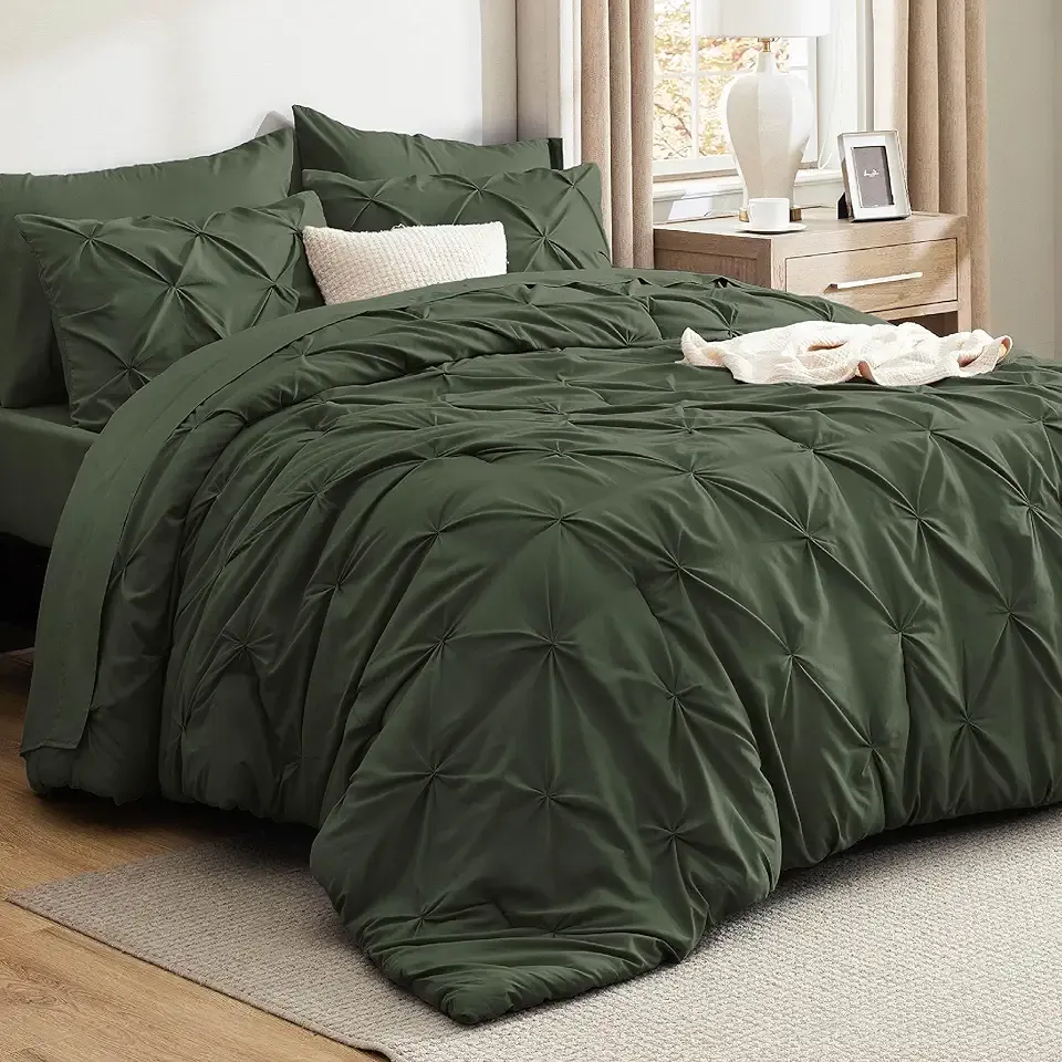 Bedsure 7-Piece Olive Green Comforter & Sheet Set, Queen Bed in a Bag