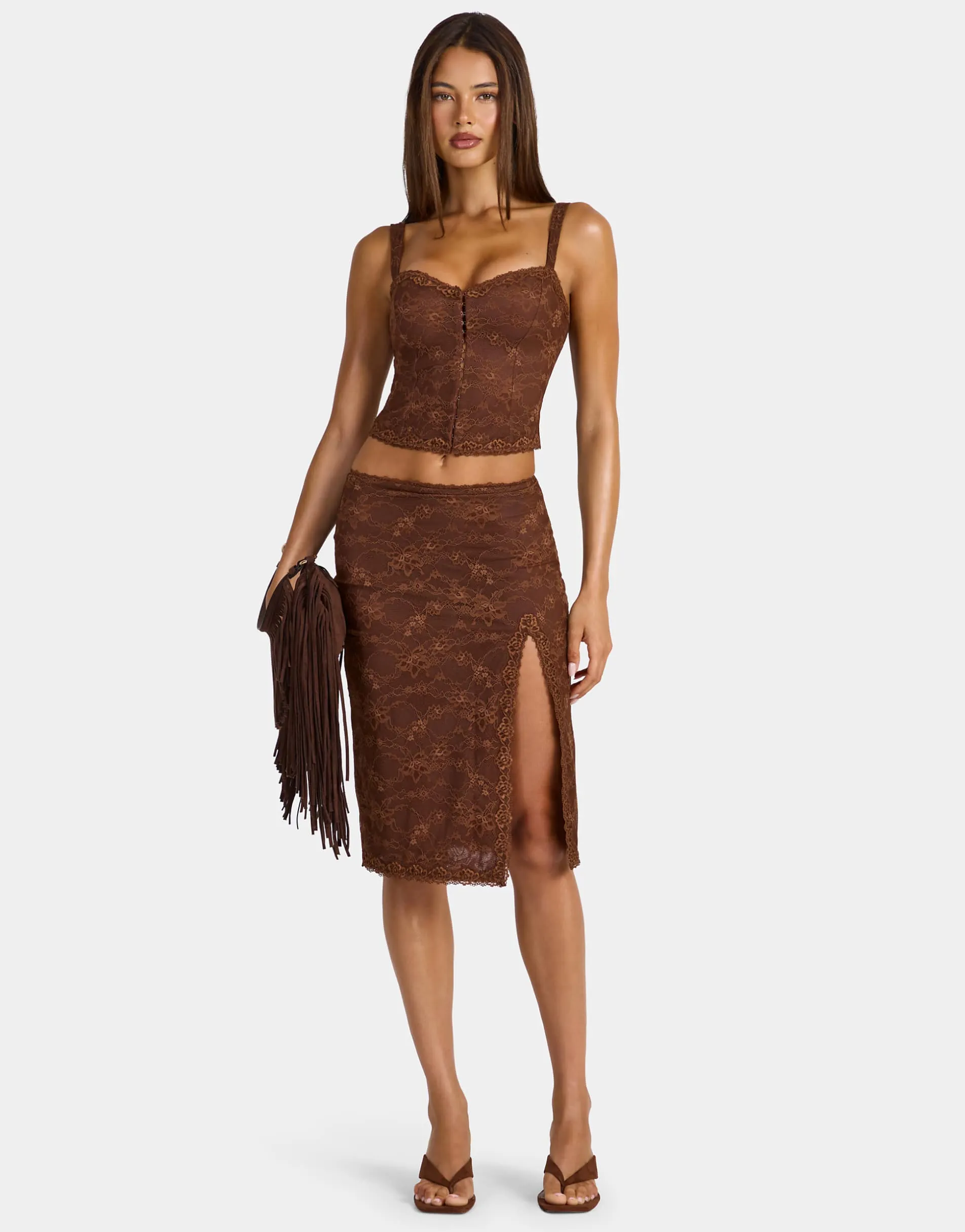 Oh Polly lace mid rise thigh split midi skirt co-ord in chocolate