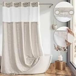 River Dream Farmhouse Linen Textured Shower Curtain with Snap-in Liner Set, No Hooks Needed, with Tassels for Rustic Bathroom Decor,with Window,with Magnets,Linen,71Wx74H